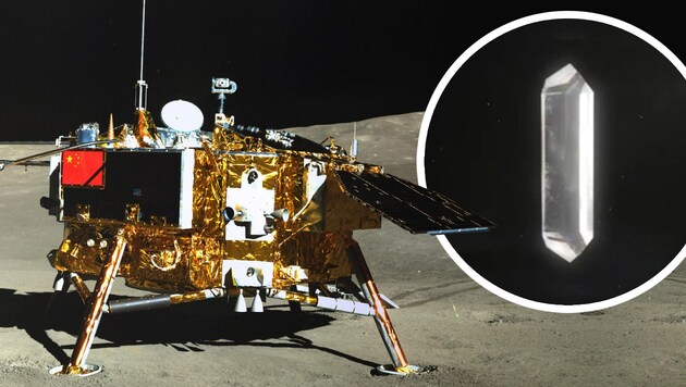 In Gesteinsproben, die Chinas Raumsonde „Chang’e 5“ Mitte Dezember 2020 vom Mond zur Erde gebracht hat, haben Forscher nun ein bis dato unbekanntes Mineral (rechts) nachgewiesen. (Bild: CSNA, Krone KREATIV)