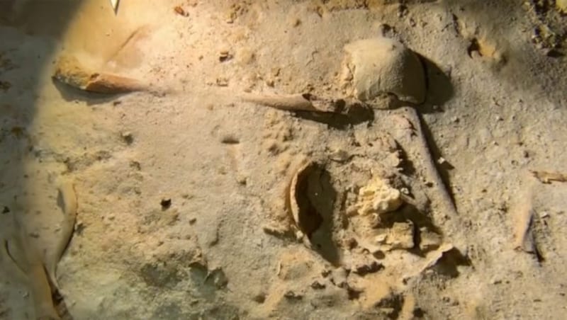 In Mexiko haben Forscher in einer Unterwasserhöhle, die Überreste eines Skeletts (Bild) entdeckt, das vermutlich mehr als 8000 Jahre alt ist. (Bild: kameraOne (Screenshot))