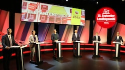 Georg Dornauer (SPÖ), Andrea Haselwanter-Schneider (Liste Fritz), Gebi Mair (Grüne), Anton Mattle (ÖVP), Markus Abwerzger (FPÖ) und Dominik Oberhofer (Neos) bei der „Krone“-Elefantenrunde. (Bild: Martin Jöchl)