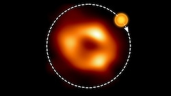 Die Illustration zeigt die Bahn (strichlierte Linie) des „Hot Spot“ um das Schwarze Loch Sagittarius A* im Zentrum unserer Galaxie. (Bild: © EHT-Kollaboration, ESO/M. Kornmesser (Acknowledgment: M. Wielgus))