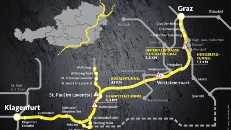 Die Koralmbahn ist Teil der „Baltisch-adriatische Verkehrsachse“, die Route von Südpolen bis Italien quer durch Österreich, das ist nach dem Brenner die zweitwichtigste Verkehrsroute durch die Alpen ist. (Bild: Krone KREATIV (Bild: Stock Adobe, ÖBB))