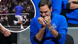 Tränen bei Roger Federer, der bei seinem Abschied mit einem irren Schlag für Staunen sorgte. (Bild: AP, twitter.com/eurosport)