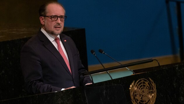 Außenminister Alexander Schallenberg während seiner Rede vor der UNO-Generalversammlung in New York am Donnerstag (Bild: AFP)