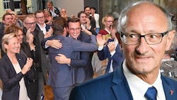 Freude bei der FPÖ über Zugewinne, ÖVP-Spitzenkandidat Anton Mattle (re.) will trotz schwerer Verluste bleiben und stellt den Führungsanspruch. (Bild: APA/Roland Schlager, EXPA/Erich Spieß, Krone KREATIV)
