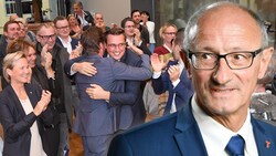 Freude bei der FPÖ über Zugewinne, ÖVP-Spitzenkandidat Anton Mattle (re.) will trotz schwerer Verluste bleiben und stellt den Führungsanspruch. (Bild: APA/Roland Schlager, EXPA/Erich Spieß, Krone KREATIV)