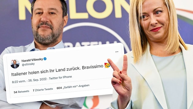 Bei den Parlamentswahlen in Italien gibt es einen klaren Wahlsieg der Mitte-rechts-Allianz um die Politiker Giorgia Meloni und Matteo Salvini. Die FPÖ zeigt sich darüber begeistert. (Bild: Krone KREATIV, AFP, AP, Screenshot/Twitter.com)