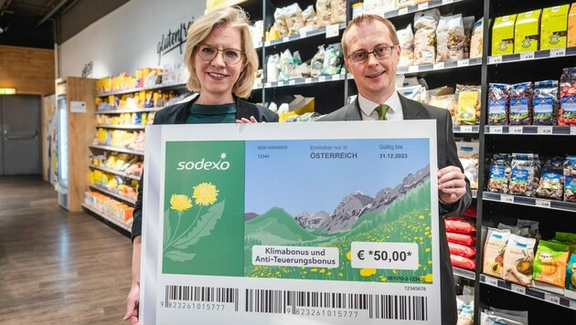 Klimaministerin Leonore Gewessler (Grüne) und Sodexo-Boss Andreas Sticha (Bild: zVg)