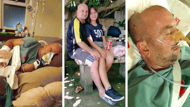 Christian Reiter war gerade auf Besuch bei seiner Tochter (M.) auf den Philippinen, als er einen Verkehrsunfall hatte und mit schweren Kopfverletzungen in einem lokalen Krankenhaus landete. (Bild: Krone KREATIV, zVg)