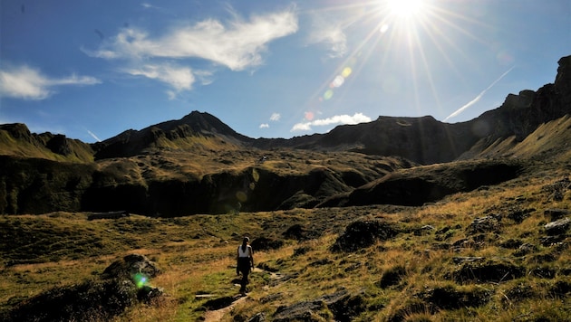 Durch sonniges, im Süden von Gipfeln und Graten begrenztes Gelände (hier vor den Schneefällen), verläuft die Route zur Edelhütte. (Bild: Peter Freiberger)