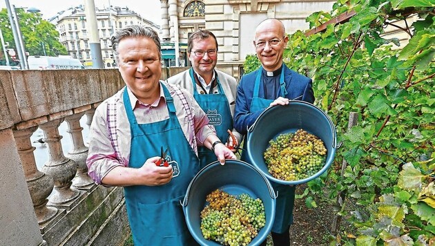 Bürgermeister Michael Ludwig, Weinbauobmann Norbert Walter und Dompfarrer Toni Faber (Bild: Tomschi Peter)