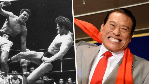 Antonio Inoki - rechts im Jahr 2017, links im Jahr 1976 in einem legendären Show-Fight mit Box-Superstar Muhammad Ali (Bild: AFP, AP)