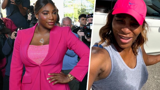 Serena Williams - links bei der New York Fashion Week vor zwei Wochen, rechts nach ihrem ersten Auftritt als „Fußballtrainerin“ vor einer Woche (Bild: APA/AFP/ANGELA WEISS, Instagram.com/serenawilliams)
