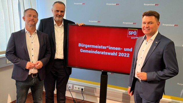 SPÖ-Landesgeschäftsführer Fürst, Landeshauptmann Doskozil und GVV-Präsident Trummer (Bild: Philipp Wagner)