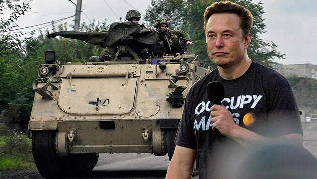 Tesla-Gründer Elon Musk rechnet auch vor, dass im Falle eines „absoluten Krieges“ Russland alleine aufgrund seiner viel größeren Bevölkerung im Vorteil gegenüber der Ukraine wäre. (Bild: APA/AFP/Juan BARRETO, APA/Getty Images via AFP/GETTY IMAGES/Michael Gonzalez, Krone KREATIV)