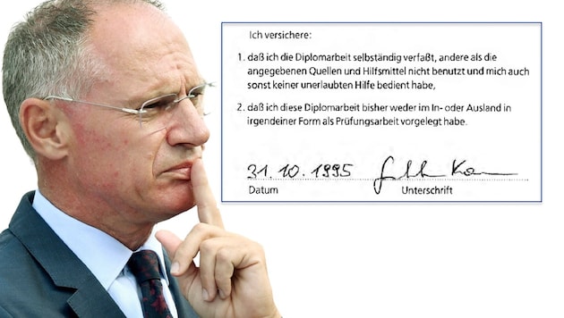 Karner soll laut „Plagiatsjäger" Stefan Weber gegen die wissenschaftlichen Standards verstoßen haben. (Bild: plagiatsgutachten.com (Screenshot), APA/Roland Schlager, Krone KREATIV)