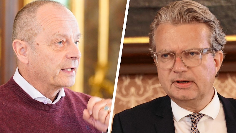 Werner Murgg (KPÖ/links) und Landeshauptmann Christopher Drexler (ÖVP). (Bild: Christian Jauschowetz, LT-Stmk/Foto Fischer Krone KREATIV,)