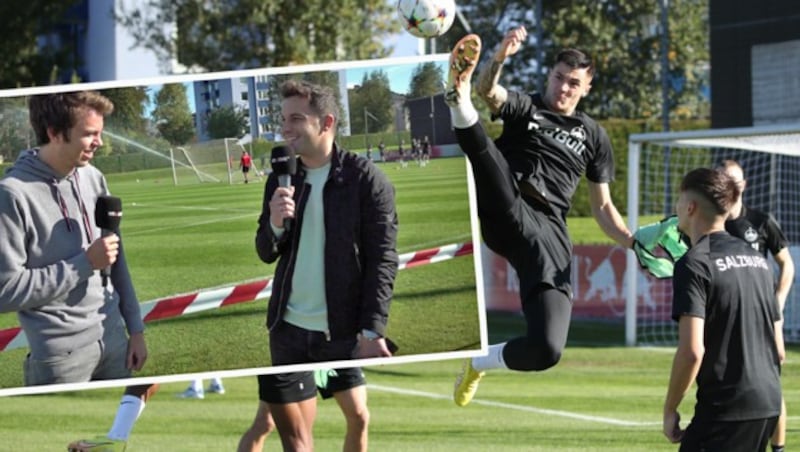 Philip Kirchtag (kleines Bild ganz links) beim Abschlusstraining der Salzburger Bullen im Gespräch mit Michael Fally (Bild: GEPA pictures, krone.at)