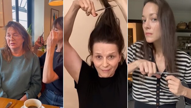 Jane Birkin und Tochter Charlotte Gainsbourg, Juliette Binoche und Marion Cotillard schnitten sich aus Solidarität zu iranischen Frauen Haarsträhnen ab. (Bild: instagram.com/soutienfemmesiran)