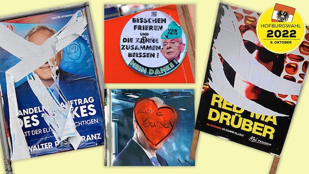 Wahlplakate: Abrisse gehören zum Kritiker-Standardrepertoire, wie auch Graffitis - neu ist die große Zahl an Pickerln. (Bild: graffitimuseum.at, Krone KREATIV)