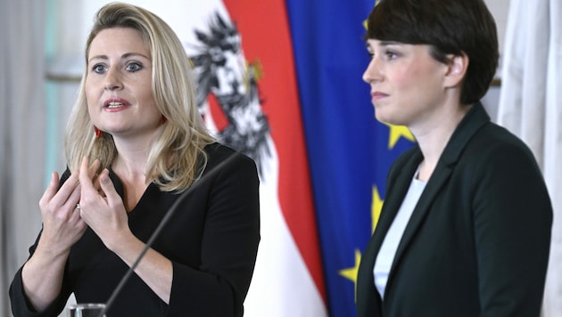 Medienministerin Susanne Raab (ÖVP) und Klubobfrau Sigrid Maurer (Grüne) (Bild: APA/HANS KLAUS TECHT)