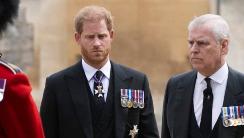 Prinz Harry und Prinz Andrew beim Begräbnis der Queen (Bild: APA/Photo by David Rose/AFP)