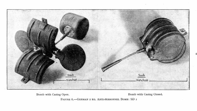 Splitterbombe SD2 aus deutscher Produktion. Rechts: geschlossen; links: nach dem Abwurf geht sie auf, die rotierenden Deckel drehen den Zünder in den Gefechtskopf. (Bild: Wikipedia, common free)