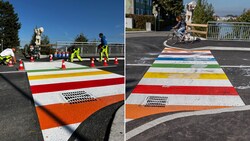 Am Donnerstag malten die Arbeiter den bunten Zebrastreifen auf, wenige Stunden später verwüsteten Unbekannte den Regenbogen-Streifen. (Bild: zVg/Tschepp)