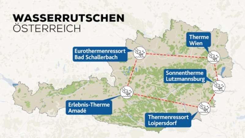 An diesen fünf Locations in Österreich hat die „Krone“ die zwölf spektakulärsten Wasserrutschen getestet. (Bild: Krone KREATIV, Karte: openstreetmaps.org)