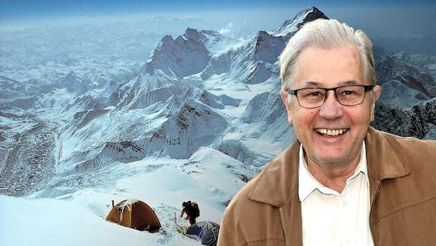 Zelte aufschlagen am Mount Everest: Der Steirer Robert Schauer war Gipfel-Pionier. (Bild: Krone KREATIV, Robert Schauer/Christian Jauschowetz)