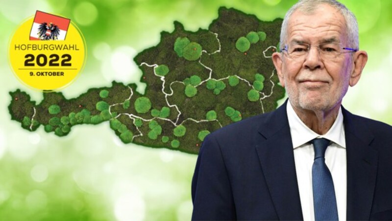 Alexander Van der Bellen: „Es ist ein großartiger Abend. Denn es gab noch nie so ein Umfeld mit so vielen Krisen. Es gab noch nie einen Hofburg-Wahlkampf mit sechs Gegenkandidaten.“ (Bild: Krone KREATIV, APA/Hans Klaus Techt, stock.adobe.com)