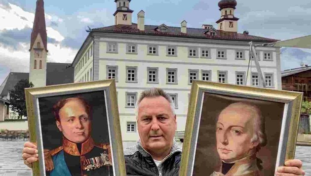 Martin Reiter hält die Porträts von Zar Alexander (links) und Kaiser Franz in Händen. Sie trafen sich vor 200 Jahren in Tirol, allerdings nicht im Zillertal. (Bild: zVg)