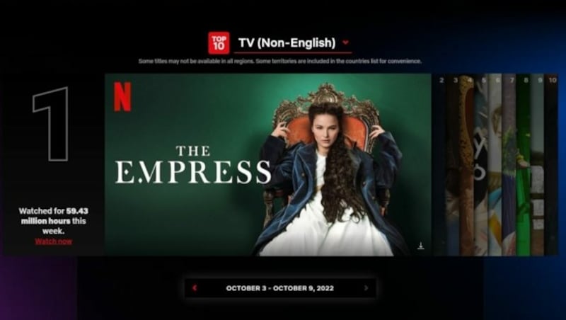 „Die Kaiserin“ bzw. „The Empress“ begeistert Netflix-Zuseher weltweit. (Bild: top10.netflix.com)