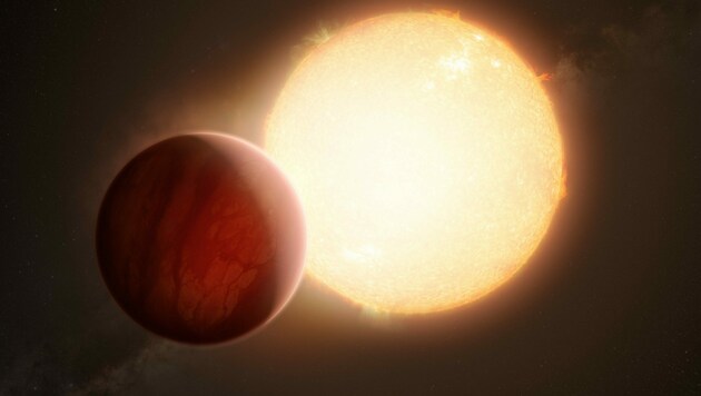Künstlerische Darstellung: Ein sogenannter Gasriese (im Vordergrund), der ziemlich nahe um seine Sonne kreist. (Bild: ESO/M. Kornmesser)