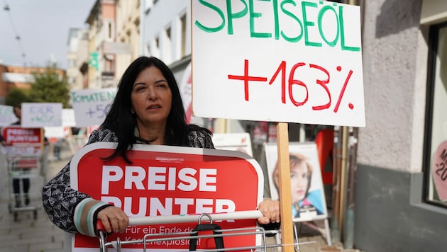 Manuela Auer schob einen Einkaufswagen durch die Vorarlberger Landeshauptstadt - mit eindeutigen Forderungen. (Bild: ögb vorarlberg)