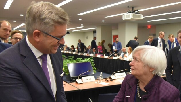 Finanzminister Magnus Brunner mit US-Finanzministerin Janet Yellen (Bild: ÖBWashington)