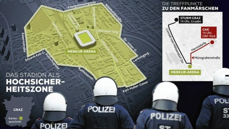 Die Polizei errichtet rund um das Stadion einen Sicherheitsbereich. Sowohl Sturm- als auch GAK-Fans planen einen Fanmarsch. (Bild: Krone Kreativ)