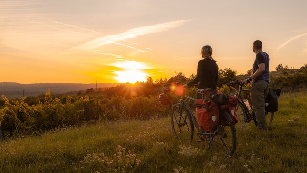 Gemütlich in den Sonnenuntergang radeln, rasant mit Mountaincarts bergab düsen, entspannen in der Therme (Bild: Franziska Consolati)