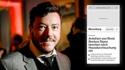 René Benko auf einer Veranstaltung 2019 - ob ihm beim aktuellen Medienecho in Deutschland auch zum Feiern zumute ist? (Bild: Krone KREATIV, APA/Hans Klaus Techt, Screenshot Bloomberg)