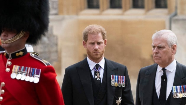 Prinz Harry und Prinz Andrew beim Begräbnis von Queen Elizabeth II. (Bild: APA/Photo by David Rose/AFP)