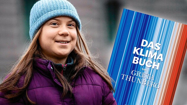 Greta Thunberg bringt ein 500-seitiges „Klima-Buch“ (37,10 Euro; S. Fischer) heraus. (Bild: Krone KREATIV, APA/AFP/Jonathan NACKSTRAND, S. Fischer)