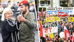 Vom Nationalfeiertag bleiben gerade noch die Bilder der auf dem Heldenplatz tanzenden Verteidigungsministerin und von einer Anti-Flüchtlings-Demonstration in St. Georgen im Attergau in Erinnerung. (Bild: Krone KREATIV, APA/Florian Wieser, APA/Daniel Scharinger)