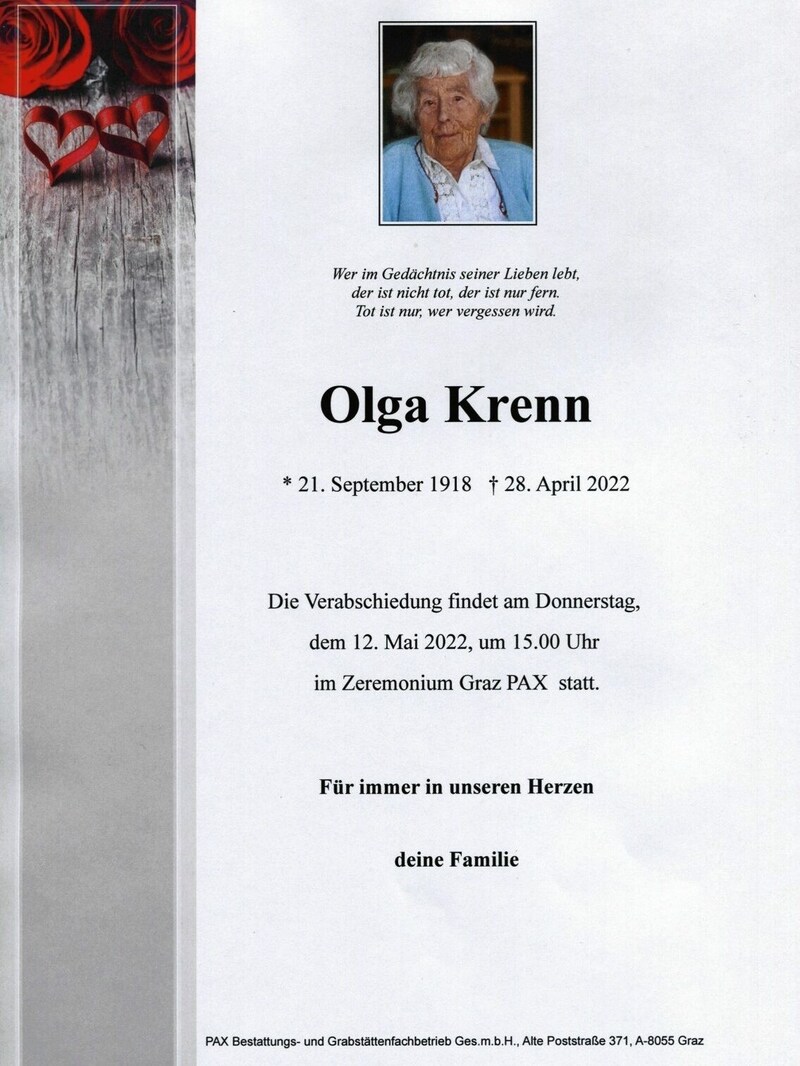 Olga Krenn war eine bemerkenswerte Frau. Fast 104 Jahre alt wurde sie - doch nach drei Infektionen wollte sie nicht mehr... (Bild: zVg)