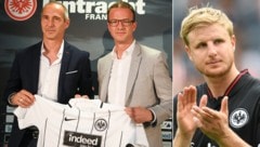 Einst alle in Diensten von Eintracht Frankfurt: Adi Hütter, Fredi Bobic, Martin Hinteregger (von links), beim Star-Revival sehen sie einander wieder. (Bild: APA/dpa/Arne Dedert)