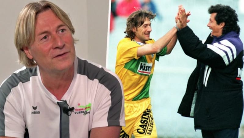 Franz Aigner links im Jahr 2022 bei der Podcast-Aufzeichnung mit krone.at, rechts im Jahr 1997 als Austria-Salzburg-Spieler mit Trainer Heribert Weber (Bild: krone.at, GEPA)