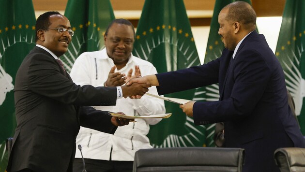 Redwan Hussien Rameto (links), Vertreter der äthiopischen Regierung, und Getachew Reda (rechts), Vertreter der Tigray People‘s Liberation Front (TPLF) einigten sich auf ein Friedensabkommen. (Bild: AFP/PHILL MAGAKOE)