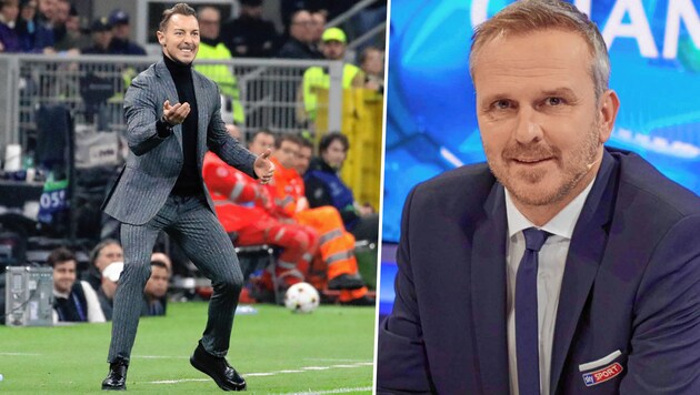 „Sky“-Experte Didi Hamann (re.) watscht Salzburgs Trainer Matthias Jaissle (li.) ab (Bild: Andreas Tröster, Sky Sport)