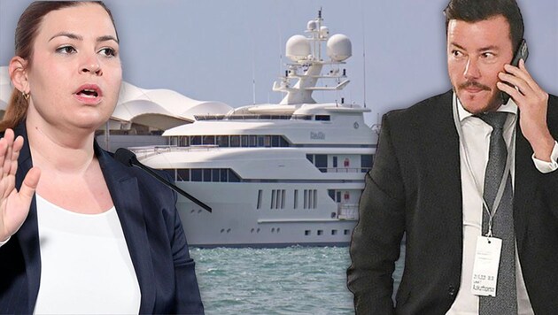 Die grüne Abgeordnete Nina Tomaselli listete René Benkos Millionenabschreibungen für Luxusjacht, Weinkeller und Luxusimmobilien auf. (Bild: APA/HELMUT FOHRINGER, Screenshot marinetraffic.com, Krone KREATIV)