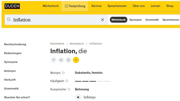 Inflation ist allgegenwärtig und eines der Kandidaten im Rennen um den Titel „Wort des Jahres“. (Bild: Screenshot duden.de)