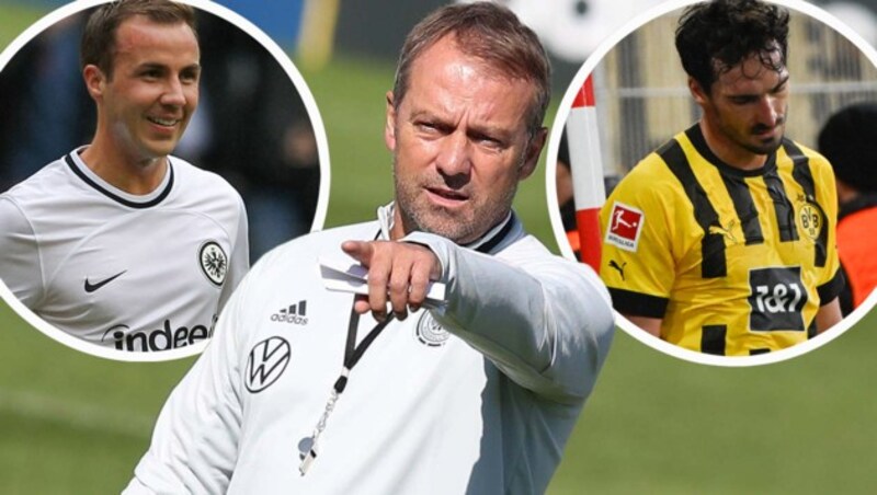 Hansi Flick (Mitte) nimmt Mario Götze (li.) zur WM mit und verzichtet auf Mats Hummels. (Bild: GEPA, APA/AFP/Daniel ROLAND, APA/Tobias SCHWARZ)