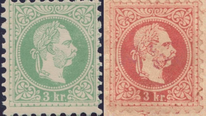 Die Briefmarke wurde statt in Grün (links) fälschlicherweise in der roten Farbe (rechts) der Marke „5-Kreuzer“ gedruckt. (Bild: Viennafil)